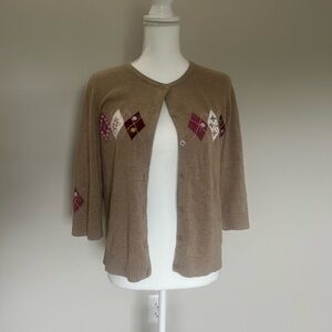 Women's Tan Argyle Cardigan Sweater Size M